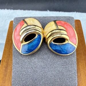 Vintage Enamel Pierced Earrings  Signed Allison Reed Gold tone Retro Summer